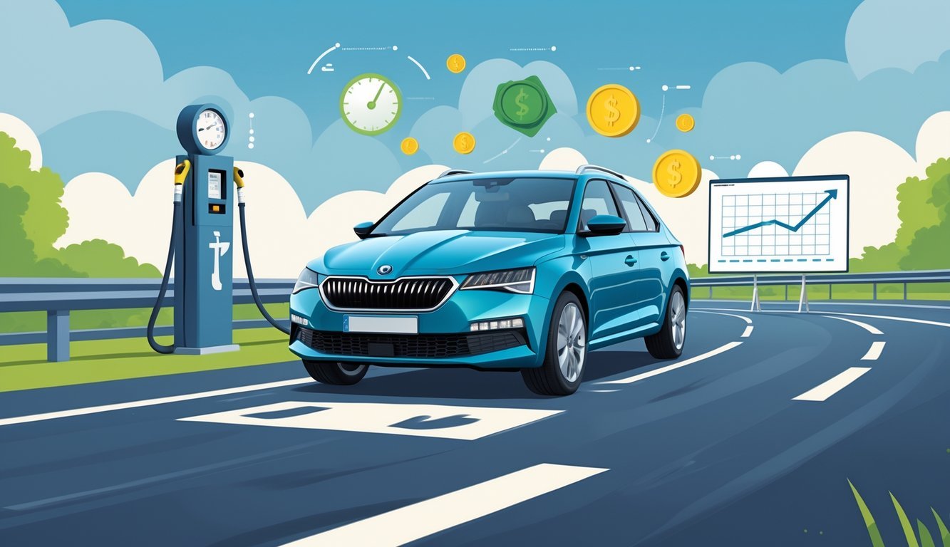 Škoda Fabia na cesti okružena ikonama koje prikazuju potrošnju goriva i ukupne troškove vožnje.