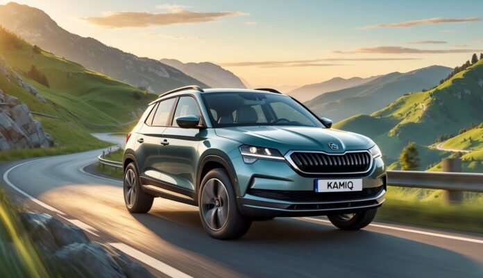 Škoda Kamiq na planinskoj cesti s zelenim brežuljcima u pozadini tijekom zalaska sunca.