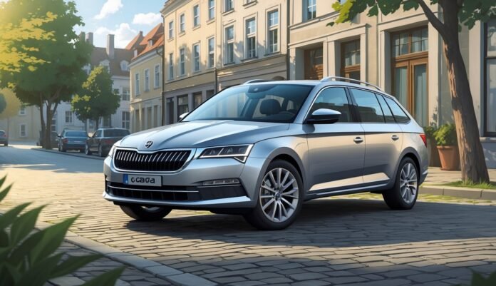 Škoda Octavia parkirana na ulici s drvećem i zgradama u pozadini.