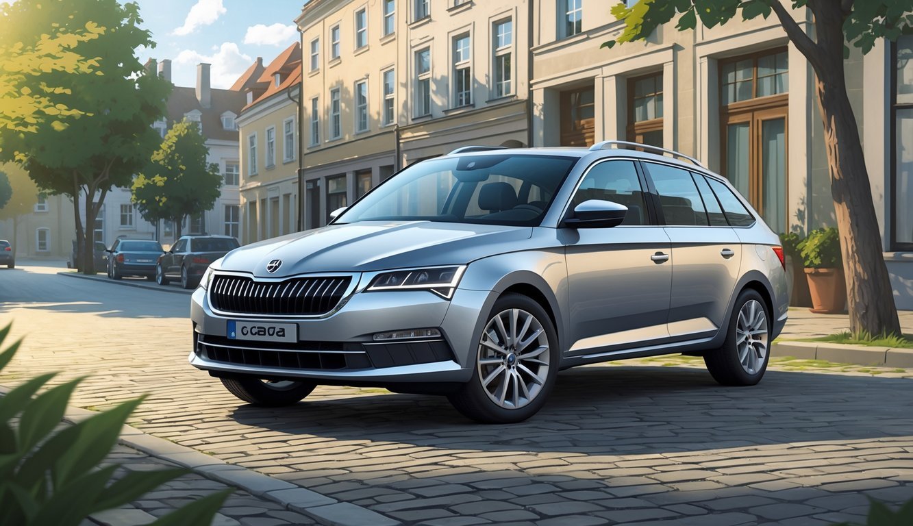 Škoda Octavia parkirana na ulici s drvećem i zgradama u pozadini.