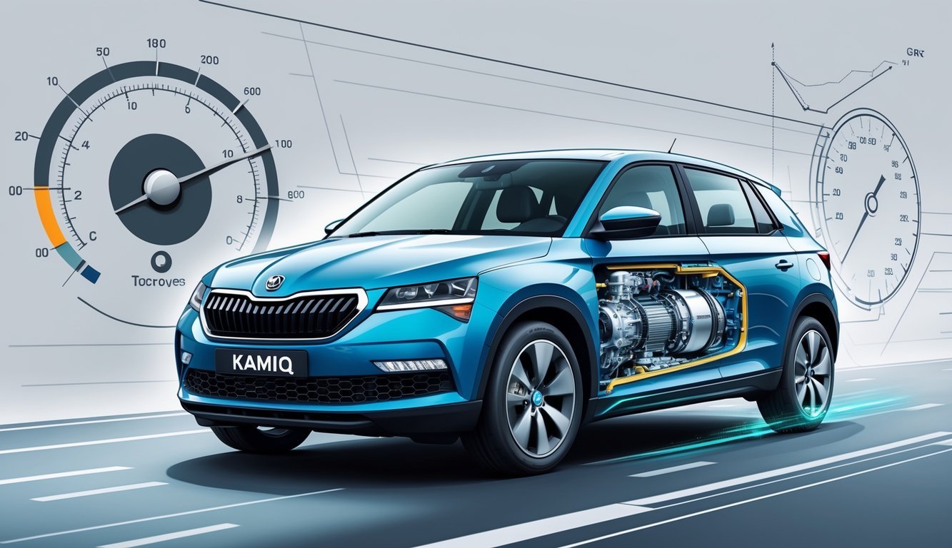 Škoda Kamiq automobil s prikazom motora i mjenjača u prozirnom prikazu, okružen tehničkim dijagramima i pokazivačima performansi.