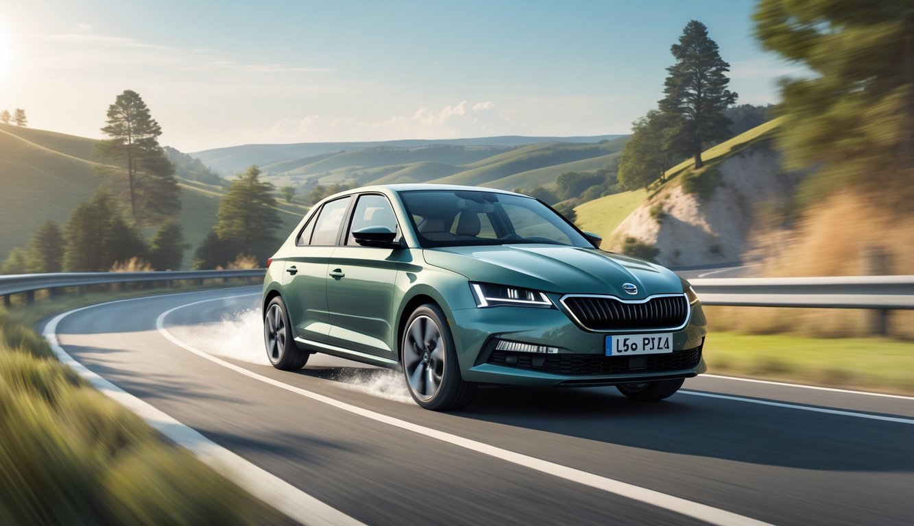 Škoda Fabia na zavojitoj cesti s vidljivim ovjesom u pokretu kroz prirodni krajolik.