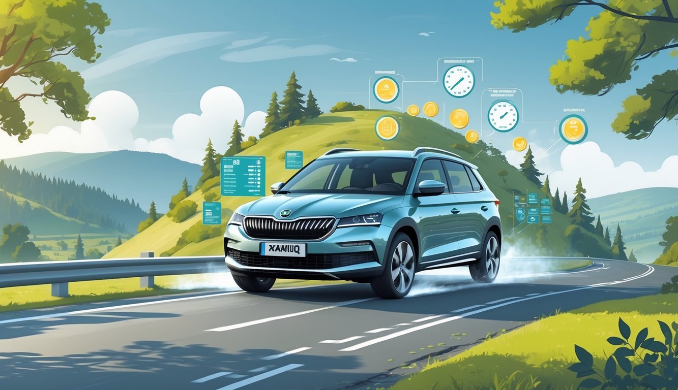 Škoda Kamiq na cesti okružen elementima koji prikazuju potrošnju goriva i troškove vožnje.