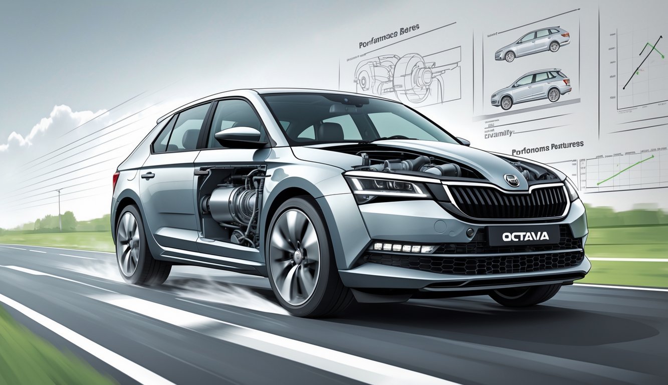 Ilustracija motora, mjenjača i performansi Škoda Octavije s prikazom unutarnjih dijelova i automobilom u pokretu.