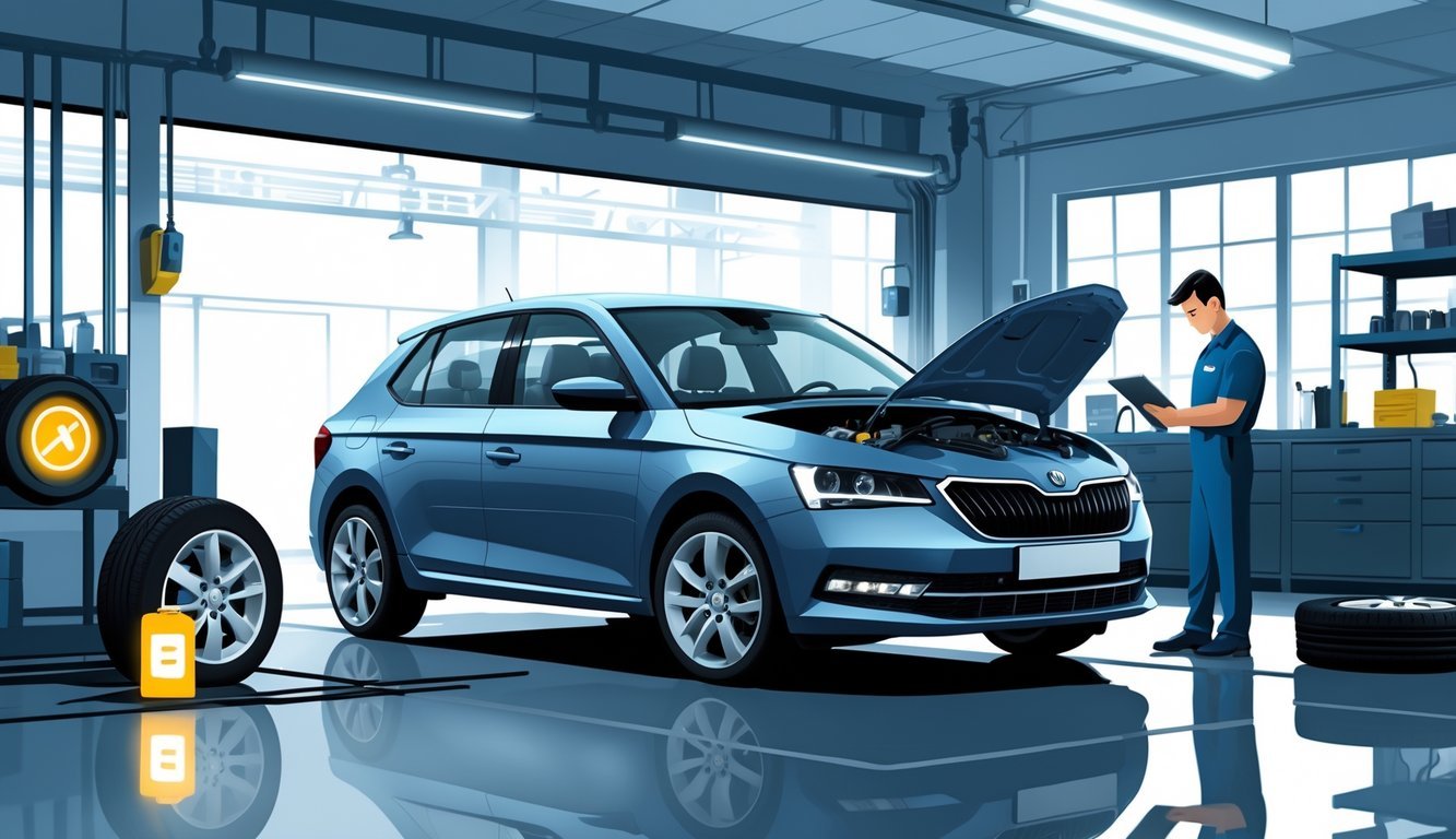 Škoda Fabia u automehaničarskoj radionici dok mehaničar pregledava motor, s prikazom uobičajenih kvarova i procjenom troškova servisa.