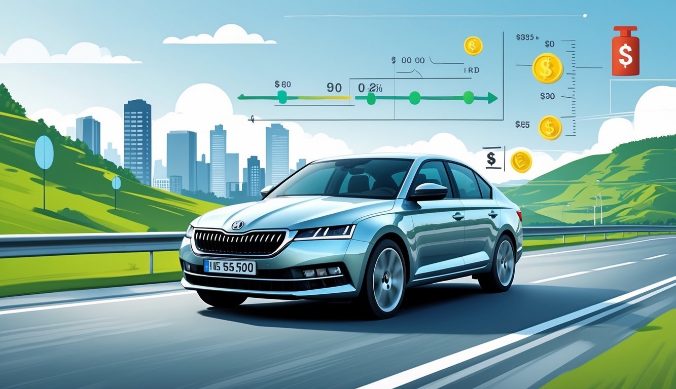 Škoda Octavia koja vozi cestom s grafičkim prikazima potrošnje goriva i troškova vožnje u pozadini.