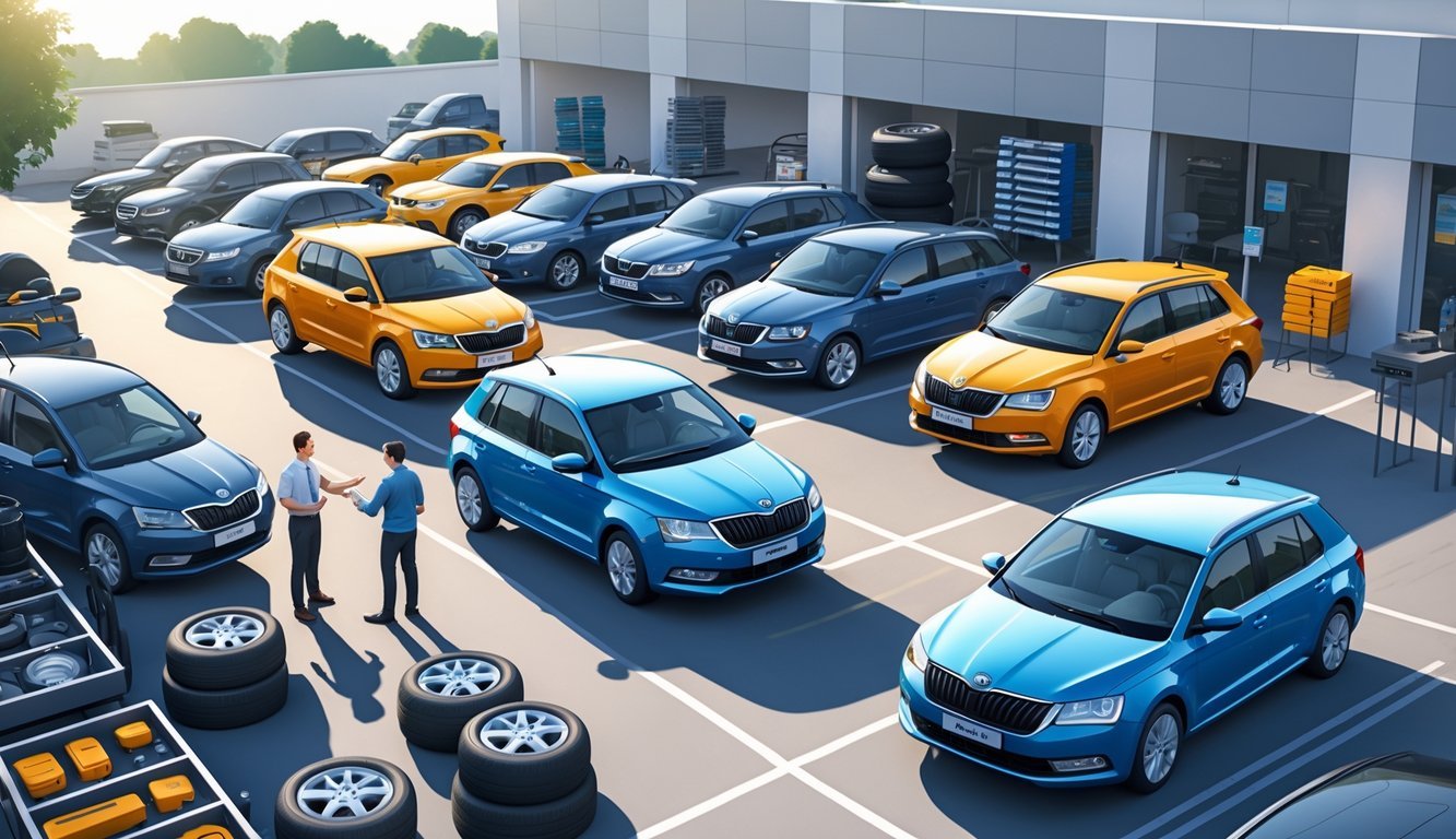 Prikaz nekoliko rabljenih Škoda Fabia automobila na prodajnom mjestu s opremom i ljudima koji ih pregledavaju.