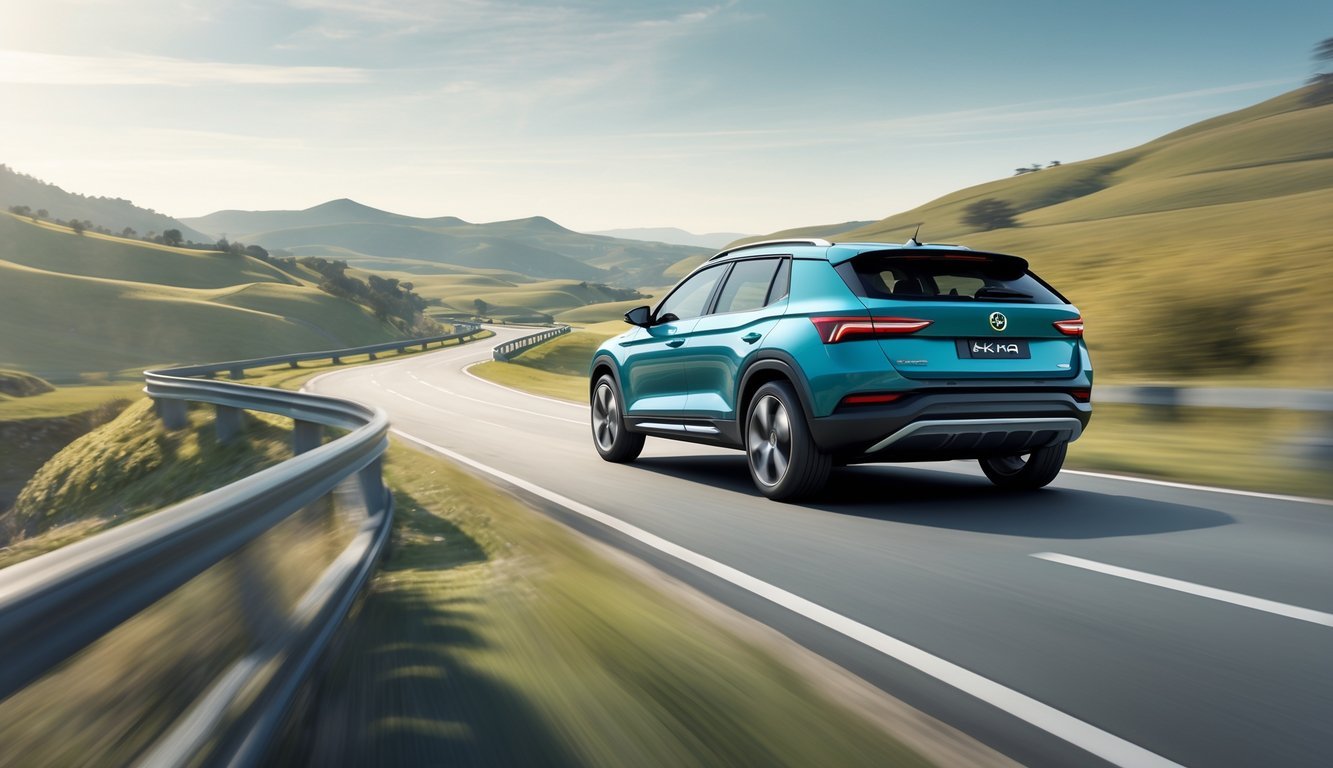 Škoda Kamiq vozi zavojitu cestu kroz prirodni krajolik s brdima u pozadini.