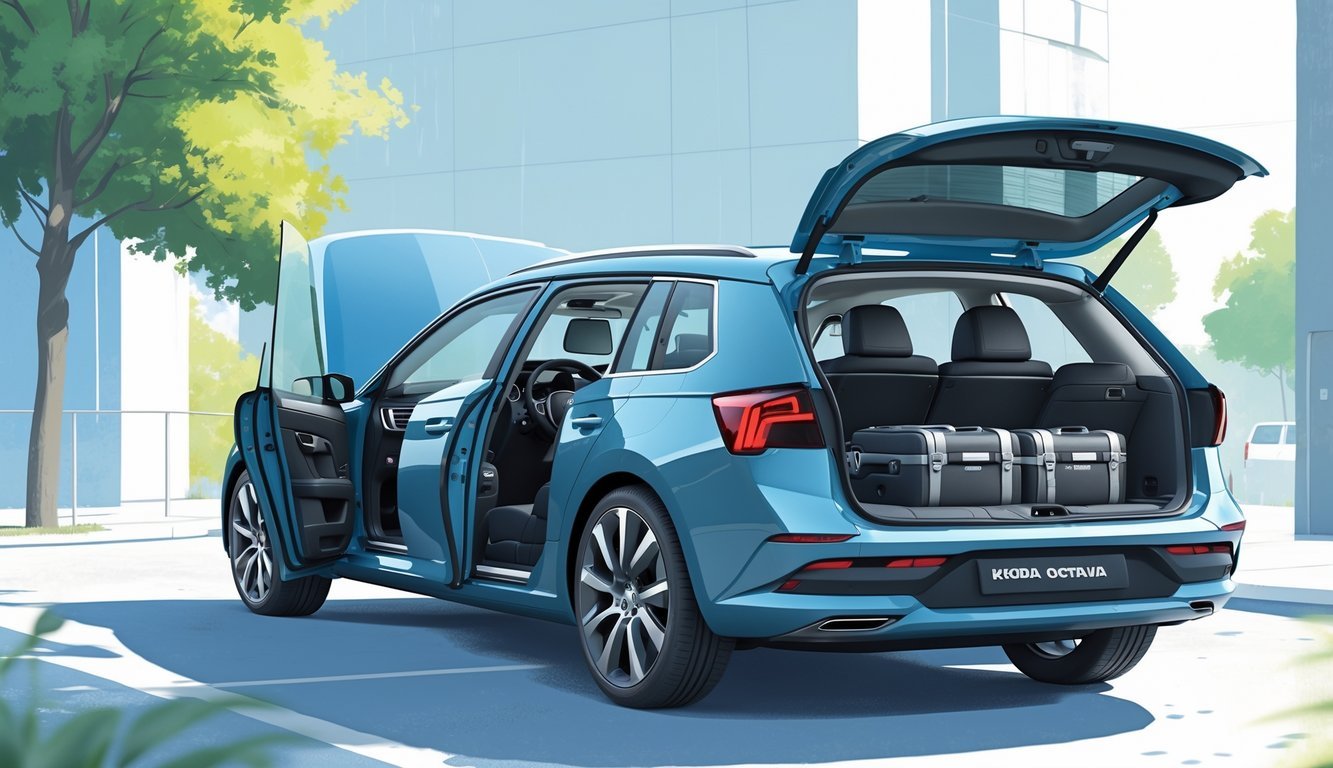 Prikaz unutrašnjosti i vanjštine Škoda Octavie s otvorenim vratima i prtljažnikom, naglašavajući udobnost, prostranost i praktičnost.