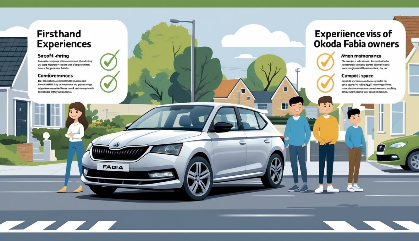 Obitelj i vozač kraj parkiranog Škoda Fabia automobila na ulici, prikazujući prednosti i mane iz prve ruke.