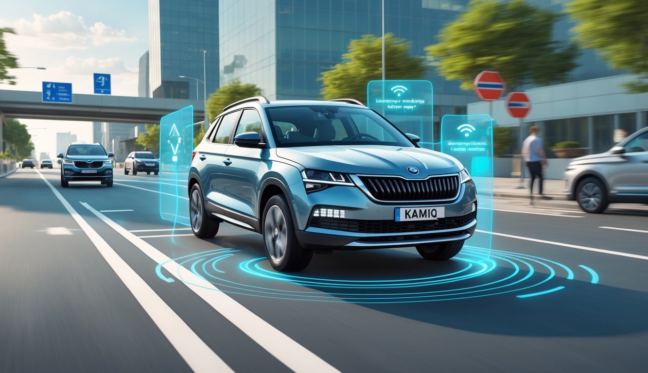 Škoda Kamiq na cesti s prikazom sigurnosnih i pomoćnih sustava vozaču.