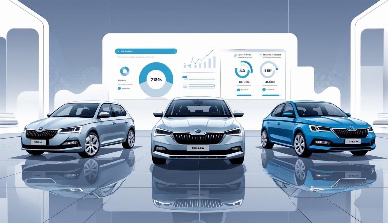 Tri kompaktna automobila postavljena jedan do drugog u suvremenom izložbenom prostoru, s grafičkim prikazima usporednih značajki iznad njih.