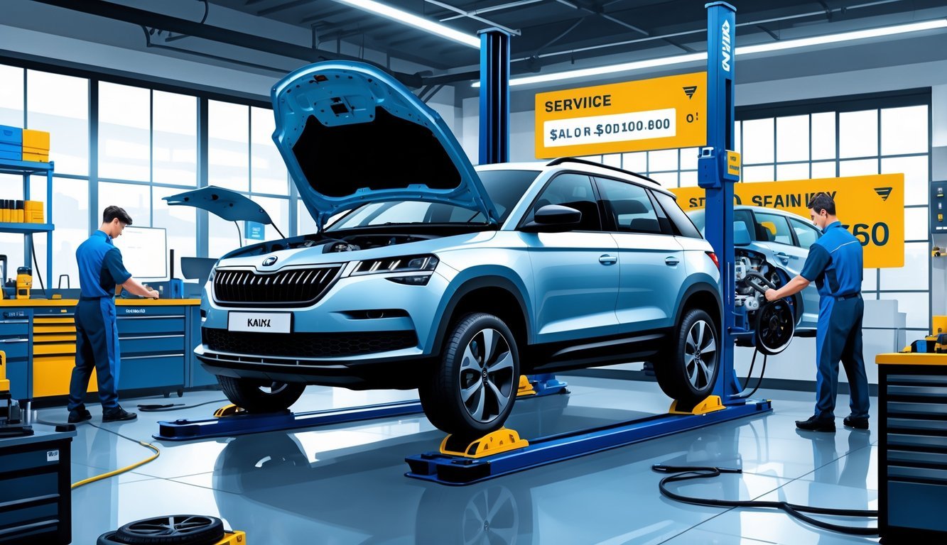 Škoda Kamiq u radionici s mehaničarima koji popravljaju automobil i opremom za servis.