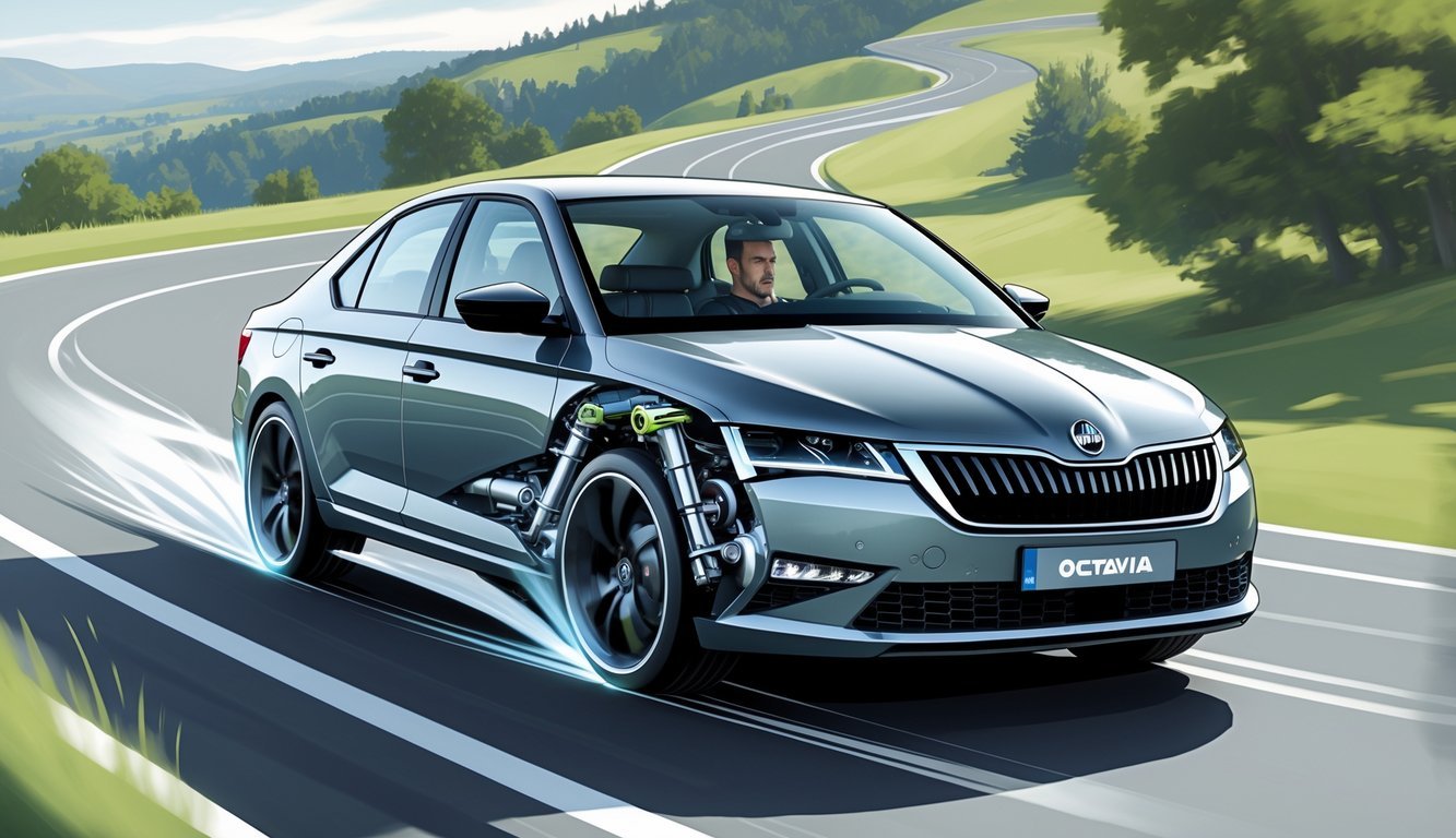 Škoda Octavia na cesti s vidljivim dijelovima ovjesa i vozačem koji vozi automobil kroz prirodno okruženje.