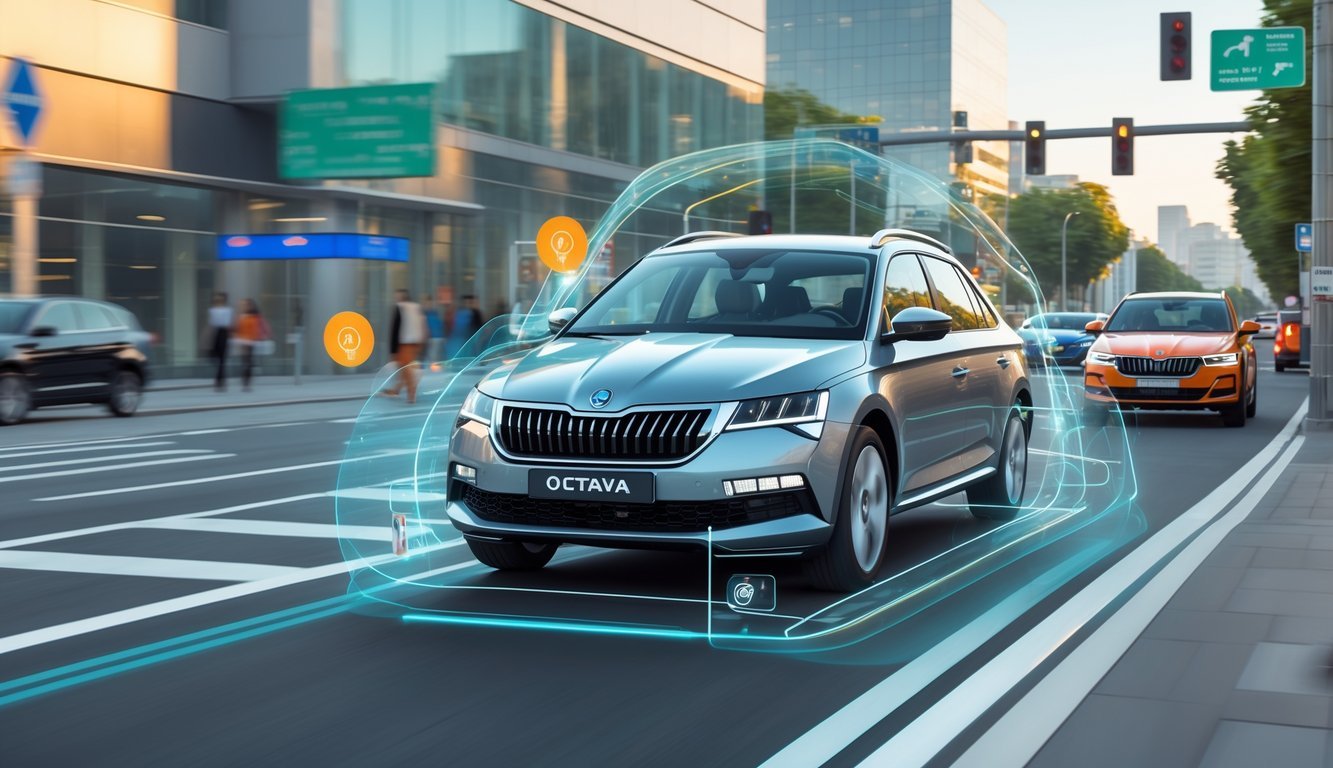 Škoda Octavia na gradskoj cesti s prikazom aktivnih sigurnosnih i pomoćnih sustava vozaču.