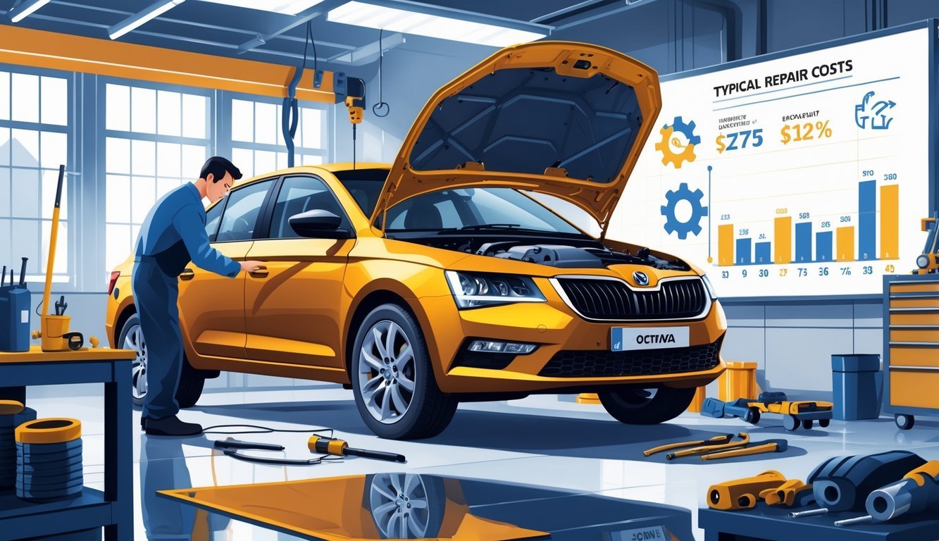 Škoda Octavia u radionici dok mehaničar pregledava motor, s prikazom u pozadini koji ilustrira tipične kvarove i troškove servisa.