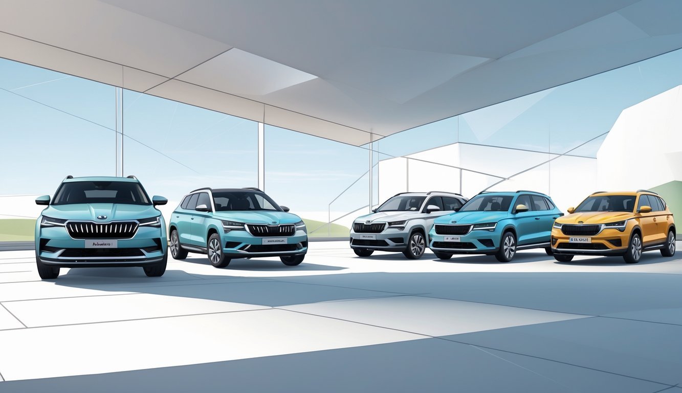 Prikaz nekoliko kompaktnih SUV vozila postavljenih jedno do drugog radi usporedbe, uključujući Škodu Kamiq, u suvremenom okruženju.
