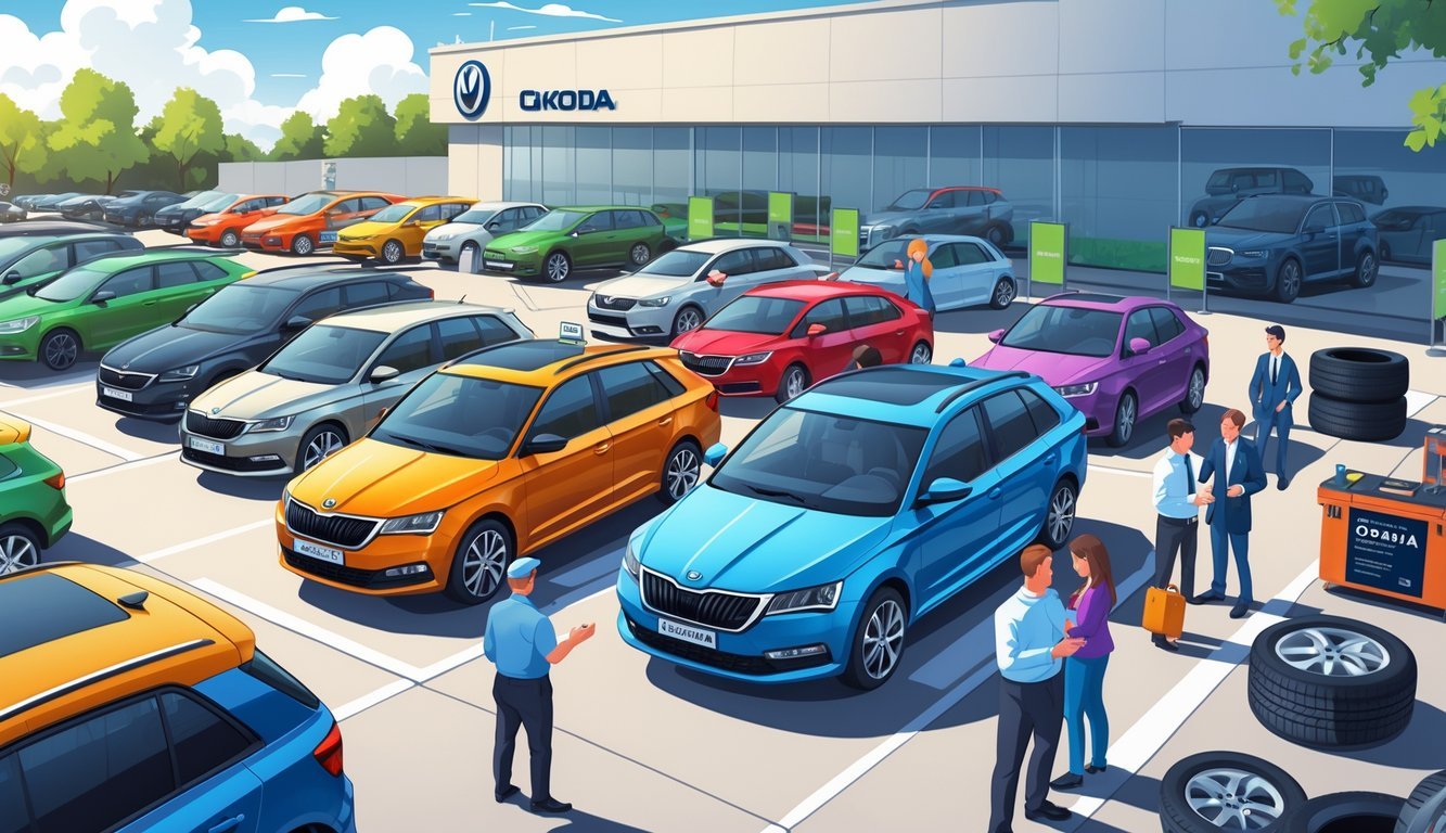 Prodajno mjesto s nekoliko rabljenih Škoda Octavia automobila i ljudima koji ih pregledavaju i razgovaraju o opremi.