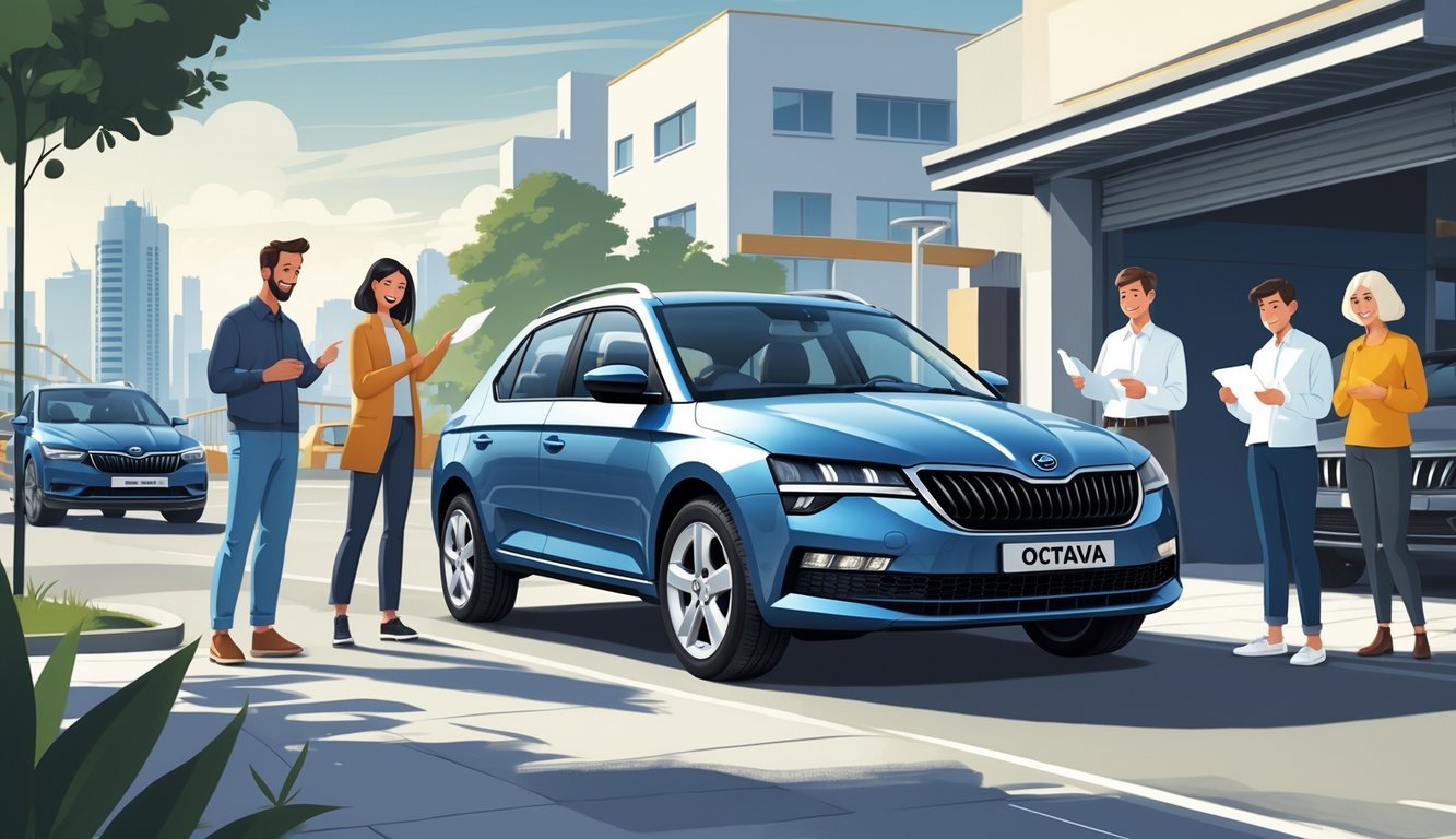 Škoda Octavia parkirana u urbanom okruženju s vlasnicima koji pregledavaju automobil i razmišljaju o njegovim prednostima i manama.