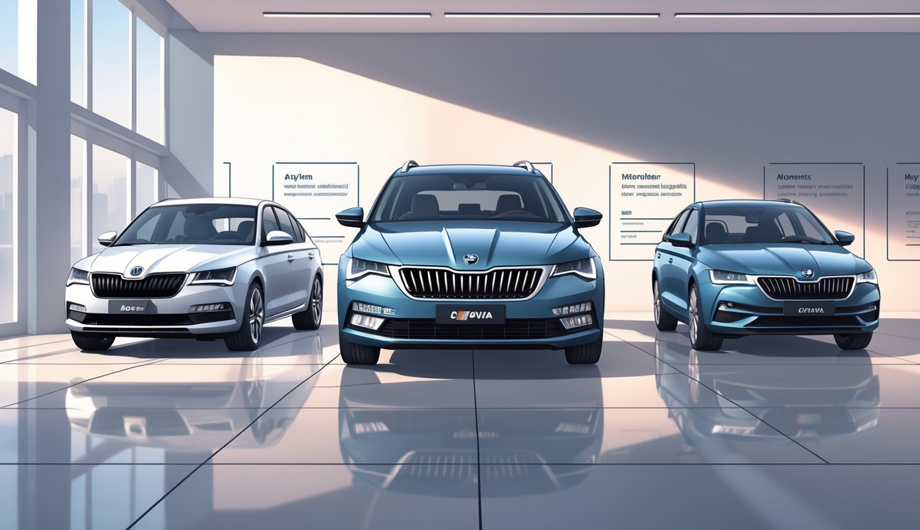 Prikaz tri automobila postavljena jedan do drugog u salonu, s naglaskom na Škodu Octaviju u sredini.