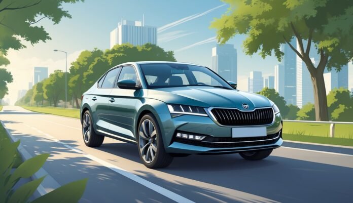 Škoda Superb automobil na cesti s gradom u pozadini.
