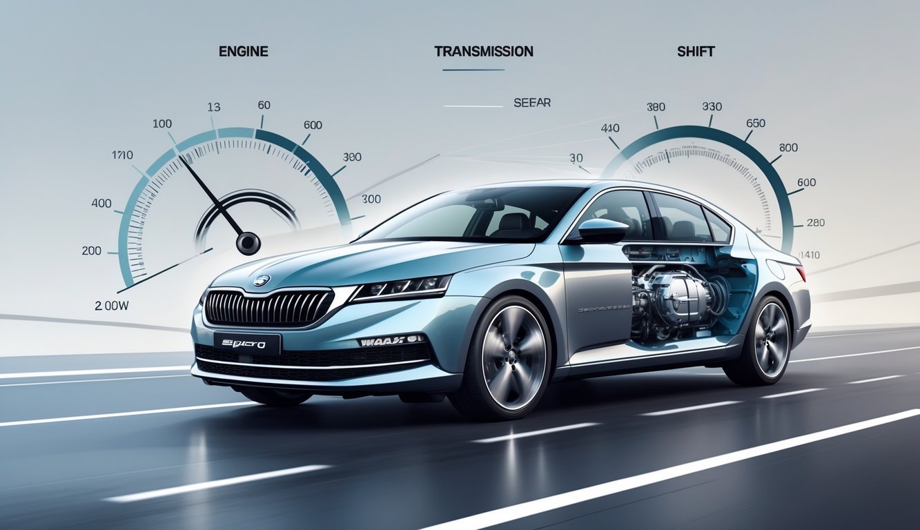 Prikaz automobila Škoda Superb s vidljivim motorom i mjenjačem te elementima koji prikazuju performanse vozila.