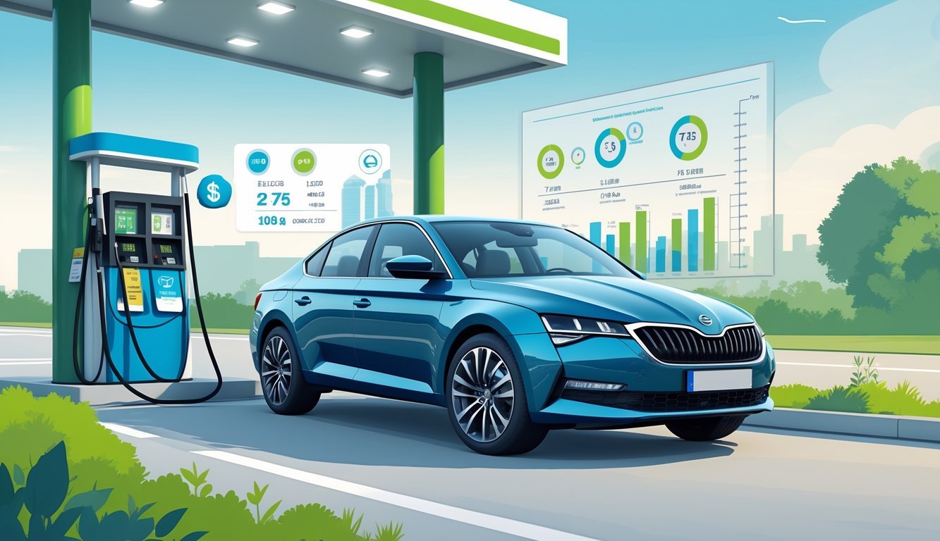Škoda Superb parkiran pored benzinske postaje s grafičkim prikazom potrošnje goriva i troškova vožnje.