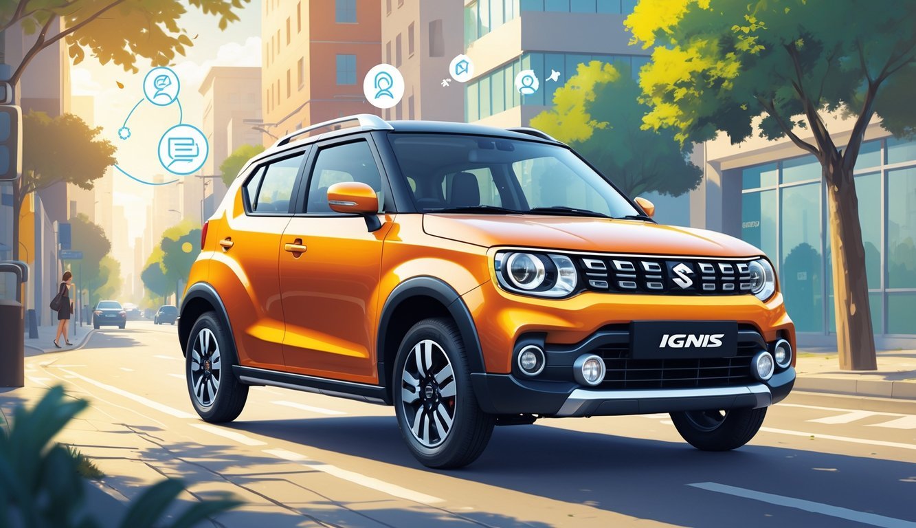 Suzuki Ignis automobil parkiran na gradskom ulici s ljudima i zgradama u pozadini.
