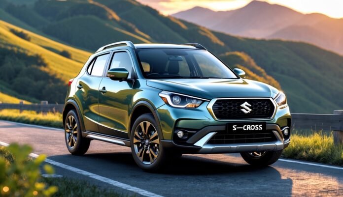 Suzuki S-Cross parkiran na planinskoj cesti s pogledom na brda i zelenilo u pozadini.