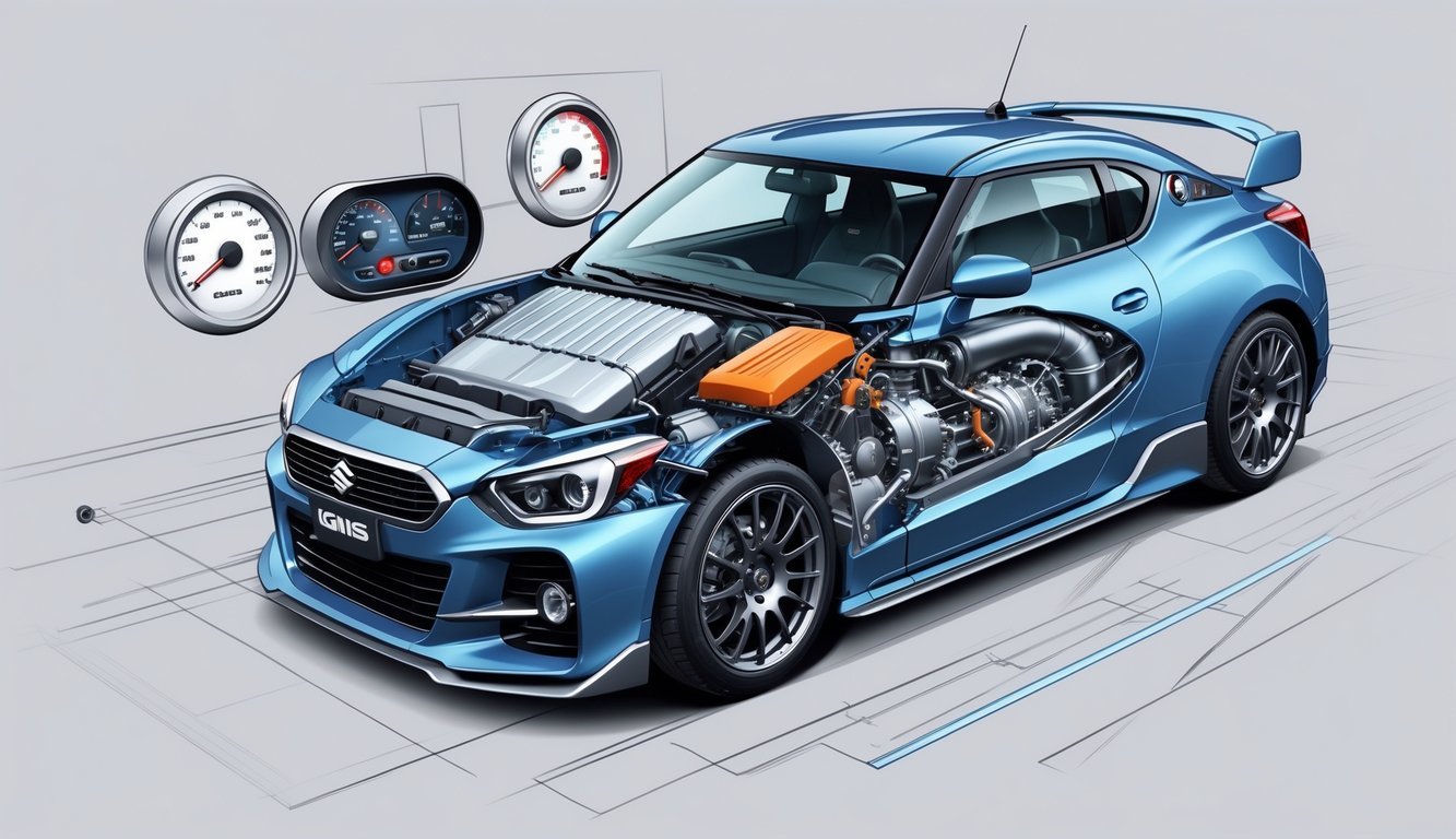 Prikaz motora, mjenjača i elemenata performansi automobila Suzuki Ignis izrezan s vidljivim unutarnjim dijelovima.
