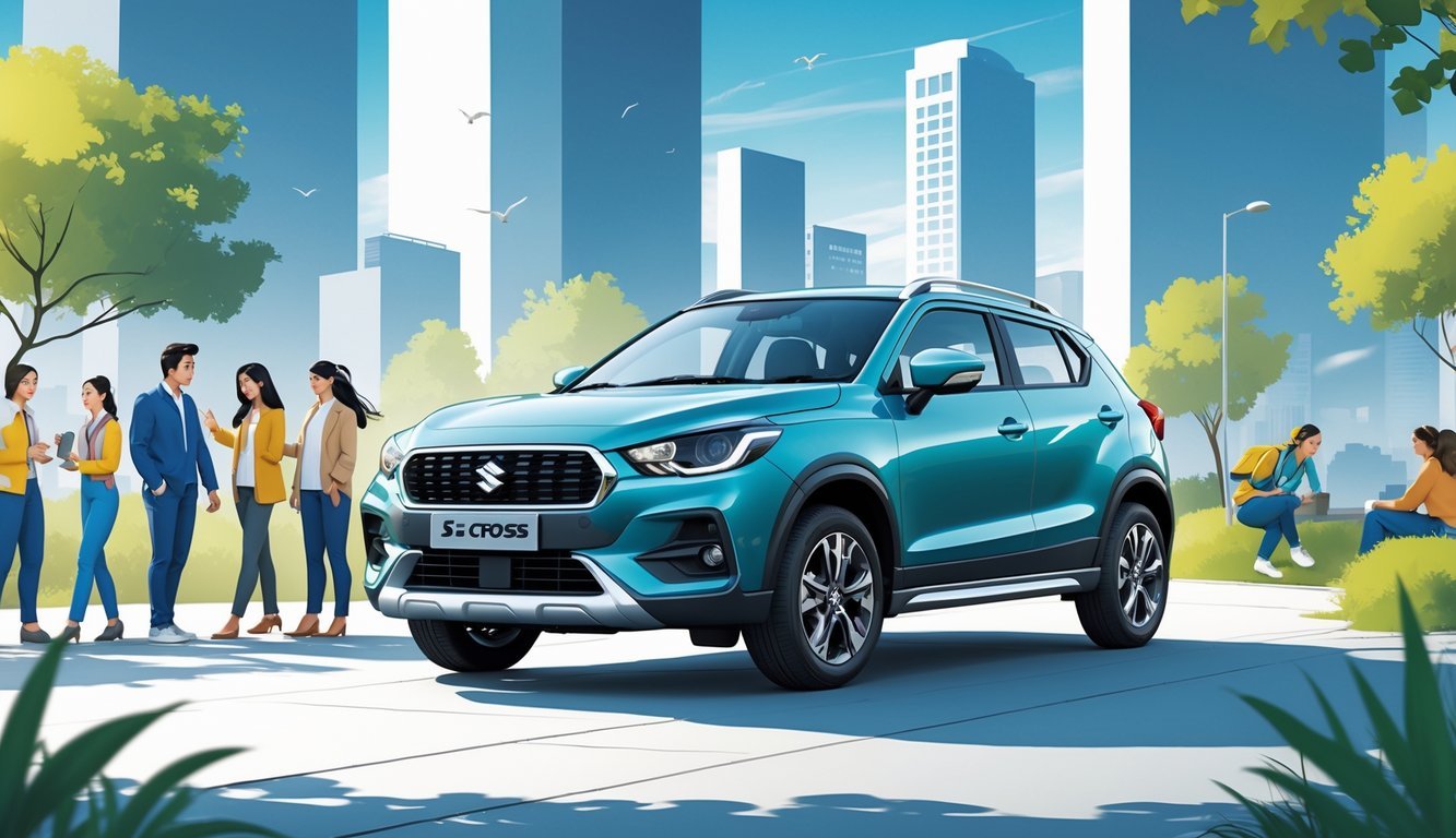 Suzuki S-Cross automobil postavljen u urbano okruženje s ljudima različitih dobi oko njega.