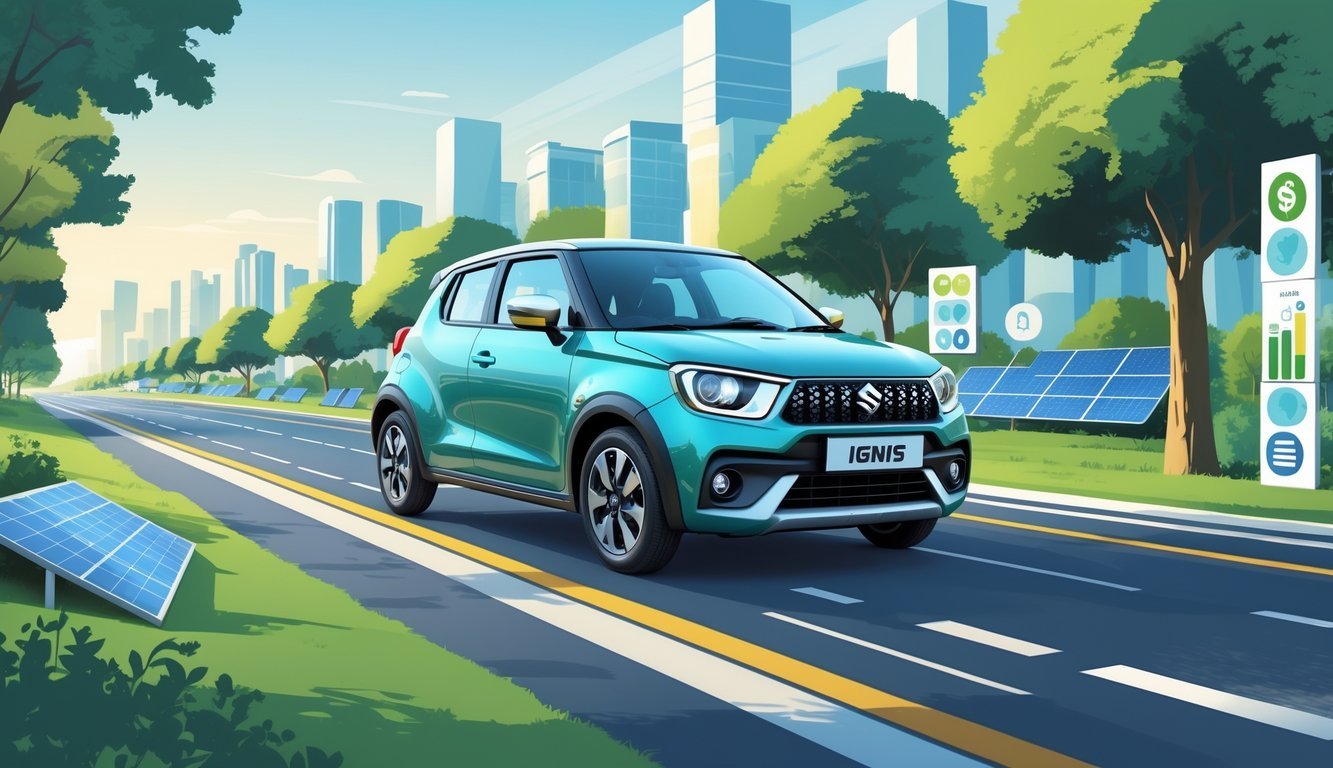 Suzuki Ignis na gradskoj cesti s ikonama koje prikazuju potrošnju goriva i troškove vožnje.