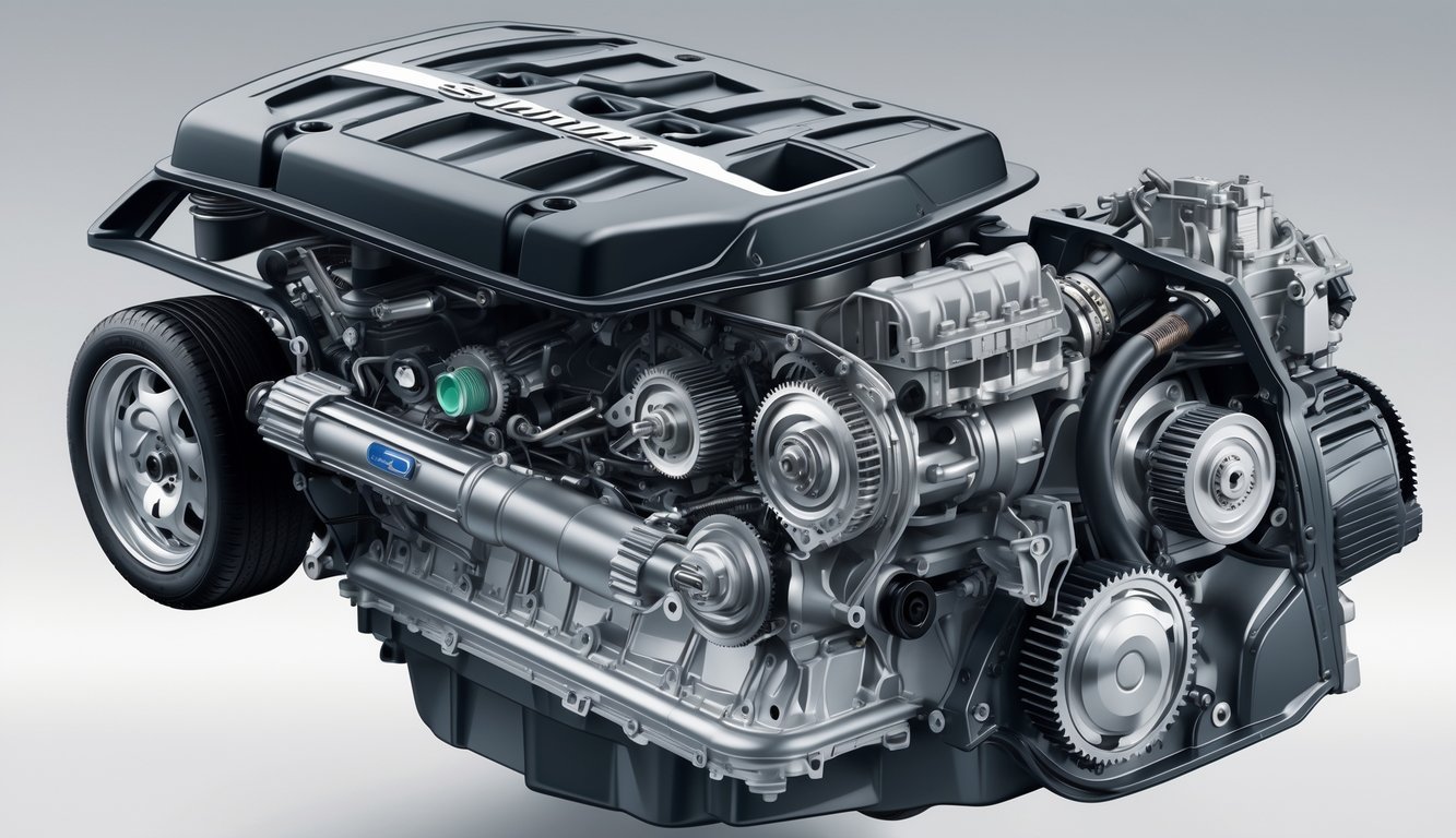 Prikaz motora, performansi i mjenjača Suzuki S-Cross vozila s detaljnim prikazom unutarnjih mehaničkih dijelova.