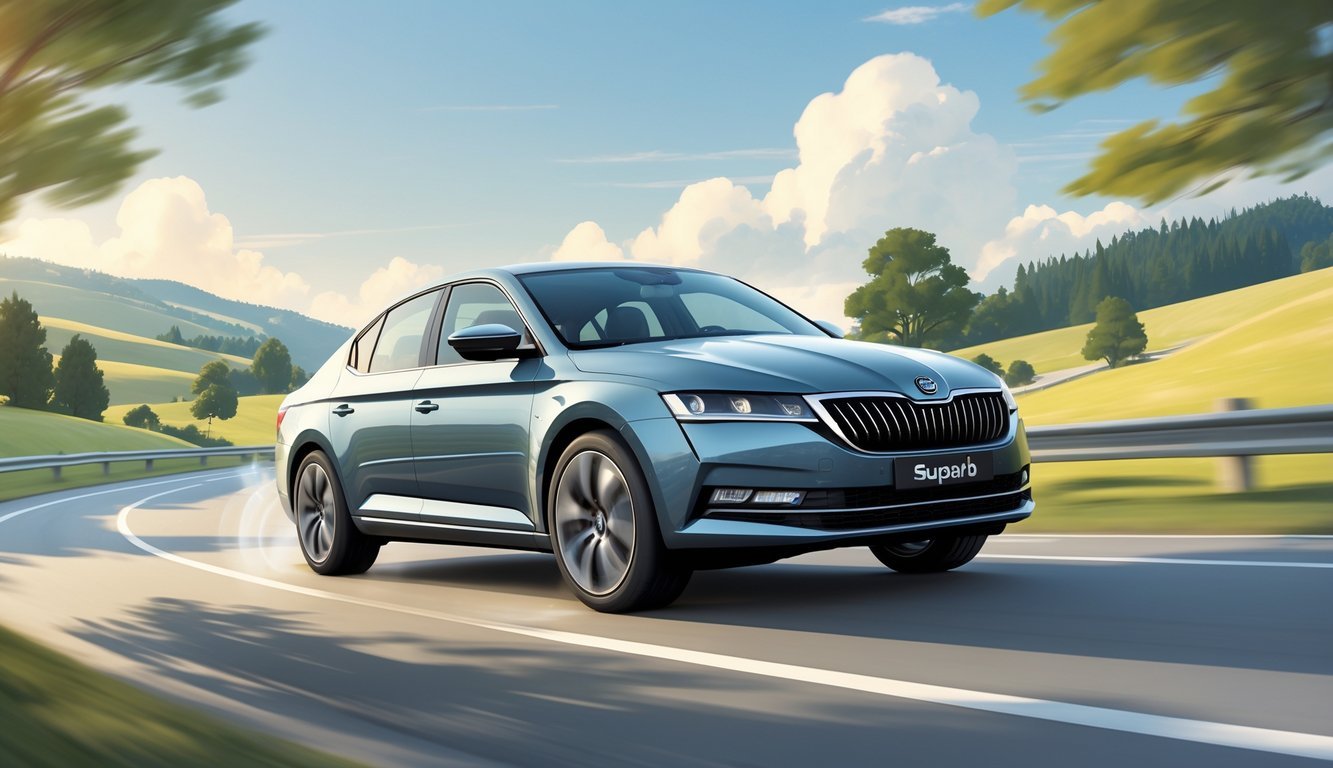 Automobil Skoda Superb vozi se po vijugavoj cesti kroz prirodni krajolik s brežuljcima i drvećem.