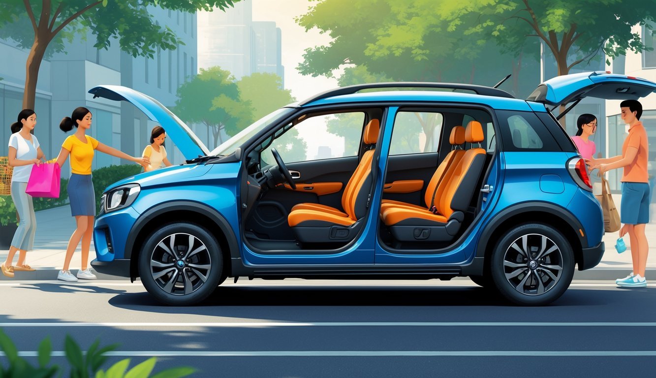 Suzuki Ignis s otvorenim vratima prikazuje prostran i udoban unutarnji prostor s ljudima koji koriste praktične značajke automobila na gradskom ulici.