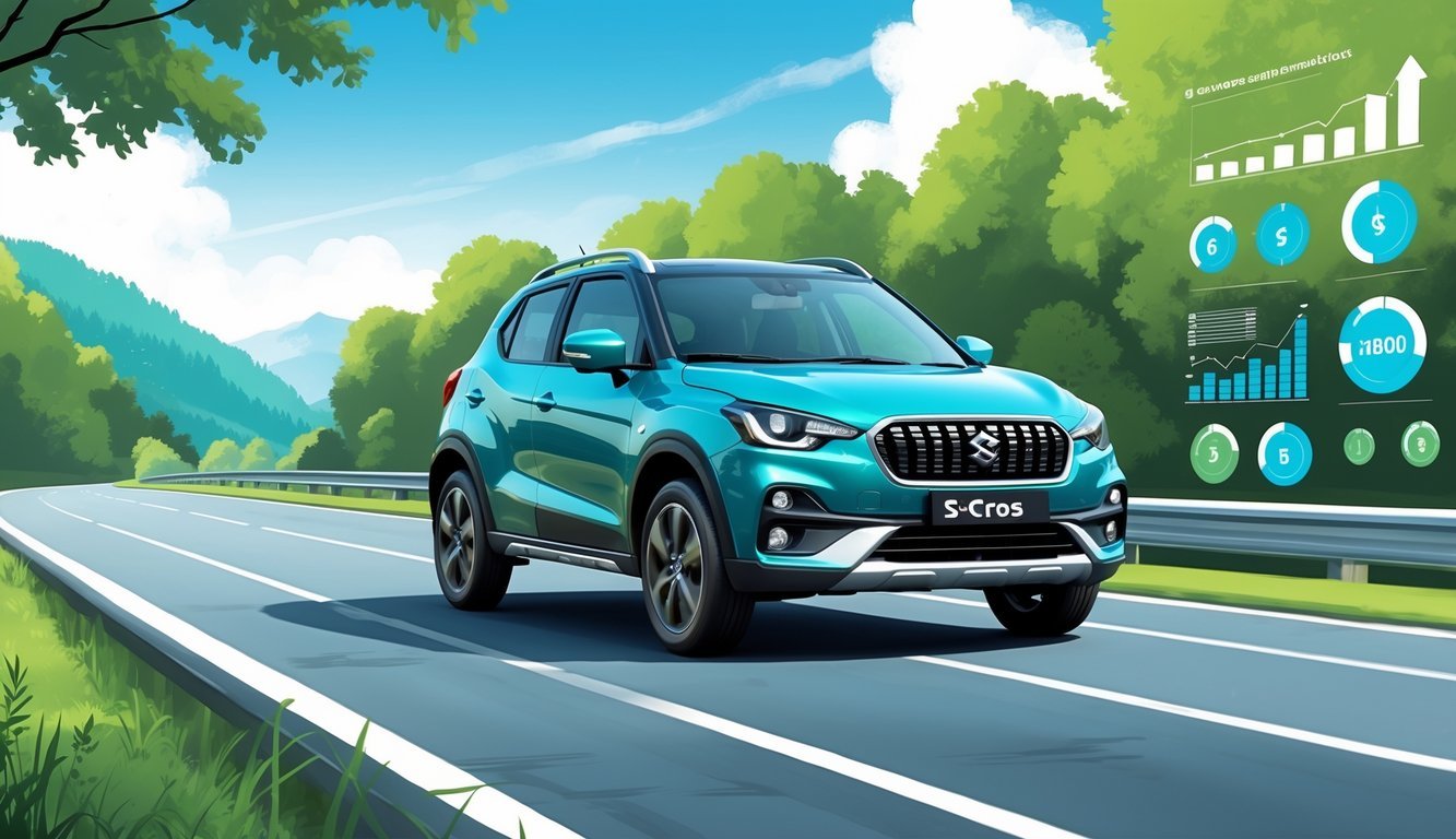 Suzuki S-Cross na cesti okružen zelenilom i simbolima potrošnje goriva i troškova vožnje.