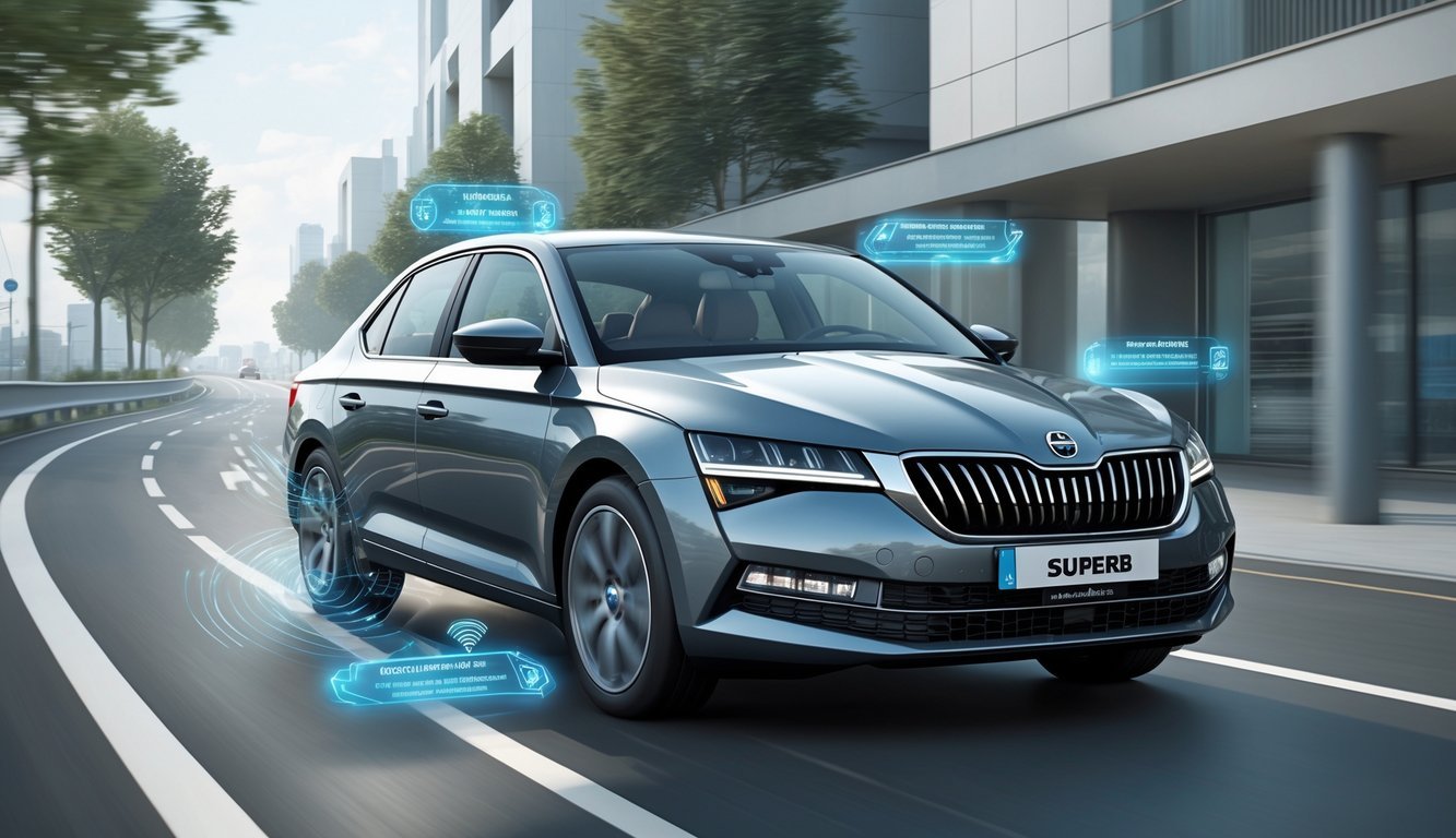 Škoda Superb automobil na cesti s prikazom sigurnosnih i pomoćnih sustava za vozača.
