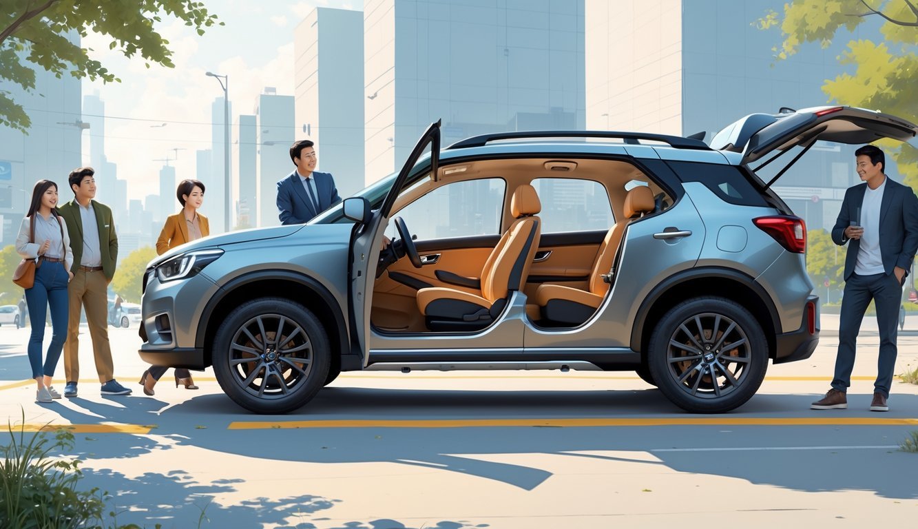 Suzuki S-Cross parkiran na prostranom mjestu s otvorenim vratima i ljudima oko njega koji pokazuju udobnost i praktičnost vozila.