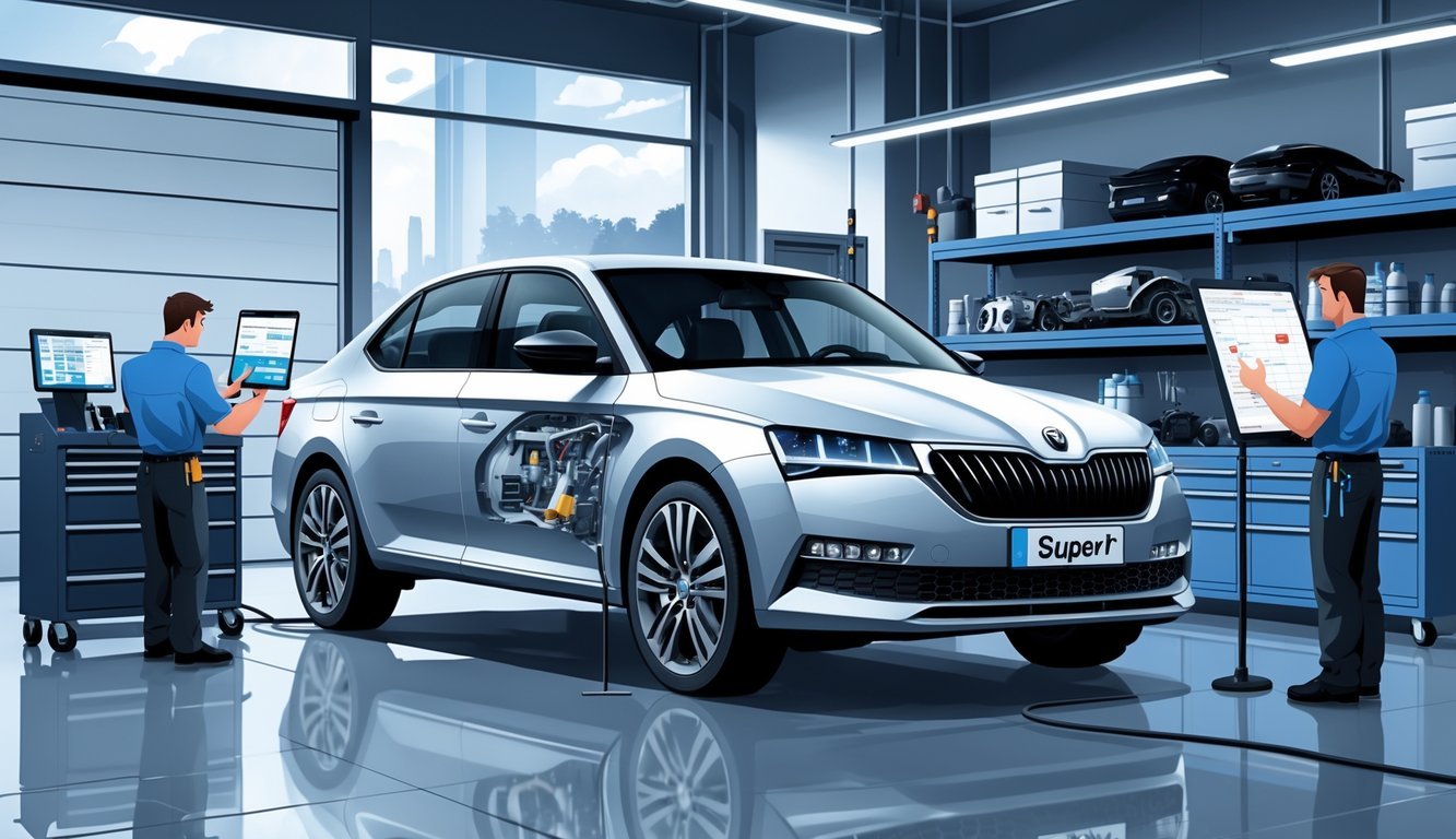 Škoda Superb u servisu automobila dok mehaničar pregledava i popravlja vozilo, s kupcem koji razgovara o troškovima servisa.