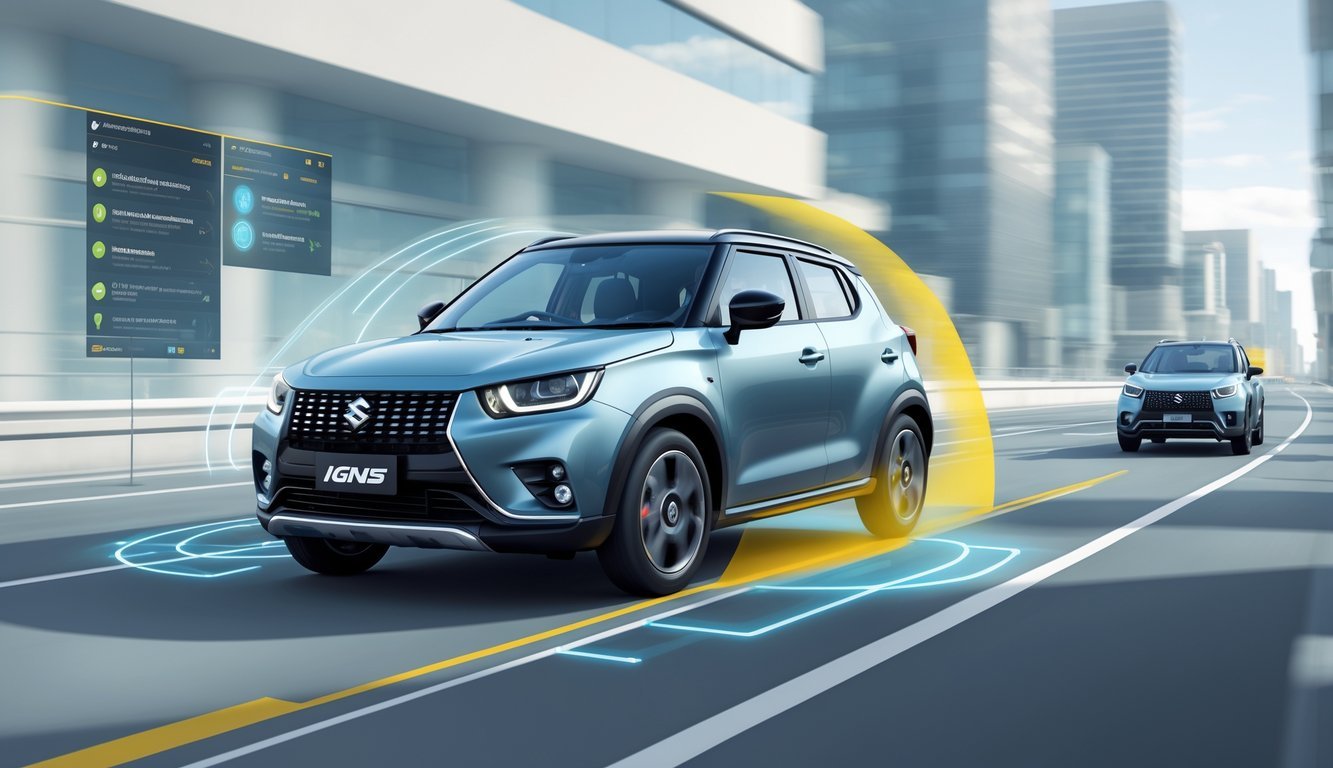 Suzuki Ignis na cesti s prikazom sigurnosnih i pomoćnih sustava za vozača.