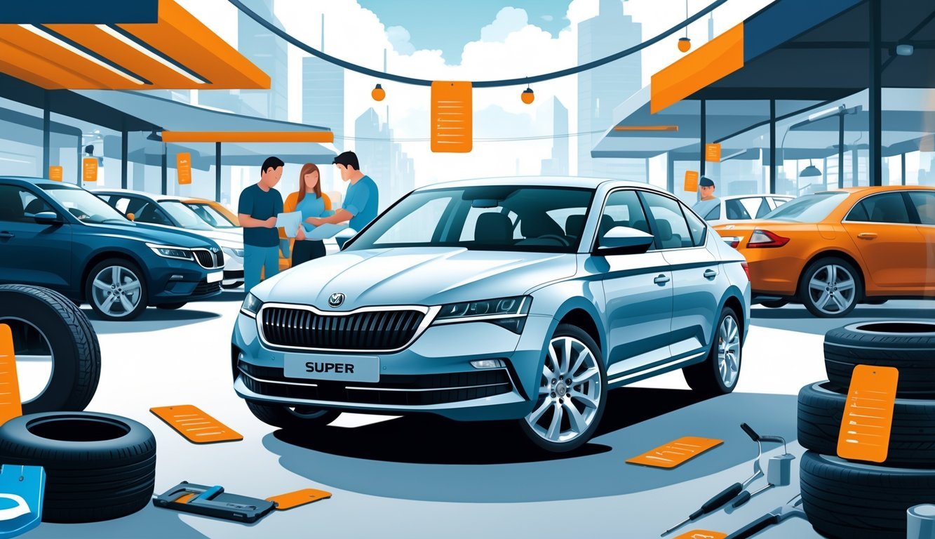 Ilustracija automobila Škoda Superb okruženog opremom i elementima tržišta rabljenih vozila s ljudima u pozadini.