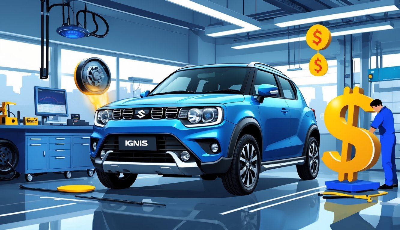 Suzuki Ignis automobil u radionici s prikazom uobičajenih kvarova i alata za servis.