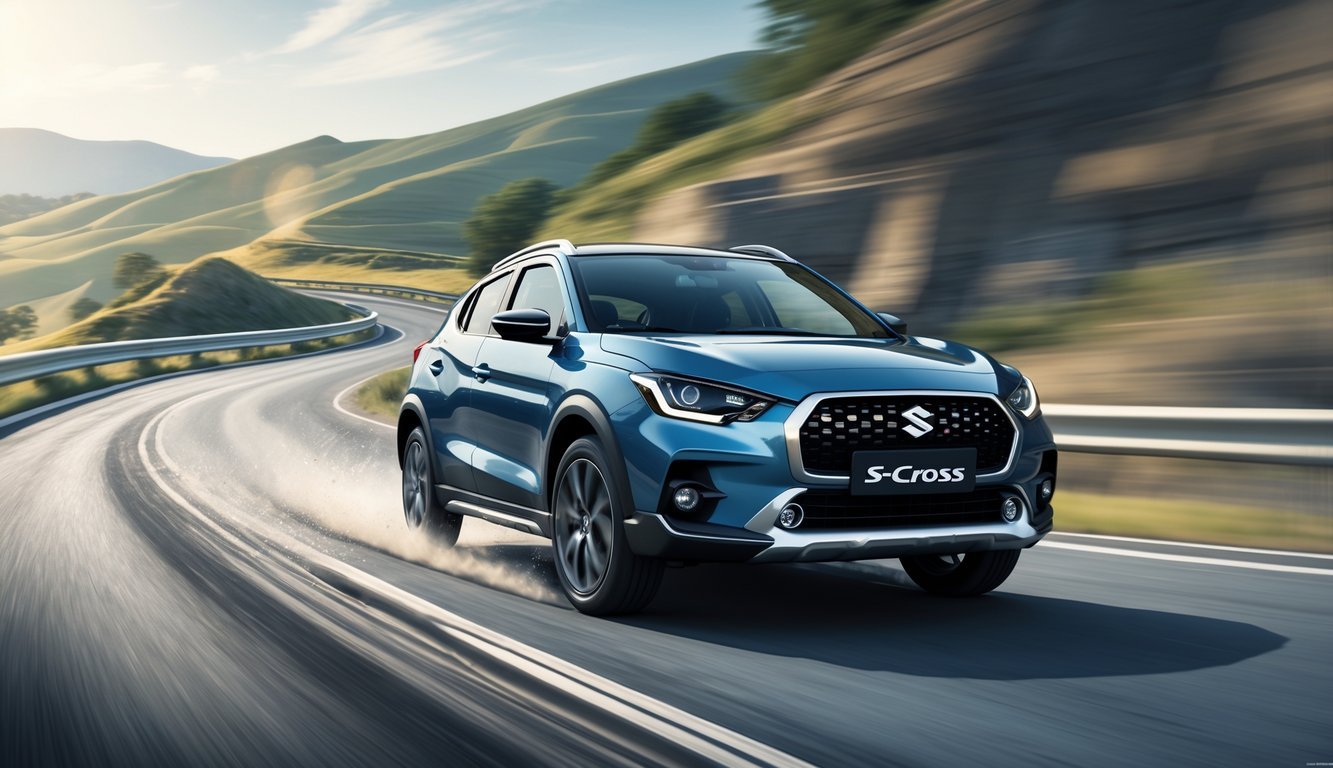 Automobil Suzuki S-Cross na vijugavoj cesti s vidljivim ovjesom i okruženjem koje prikazuje ugodnu i stabilnu vožnju.