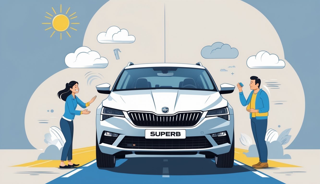 Prikaz automobila Skoda Superb okružen simbolima prednosti i mana iz iskustava vlasnika.