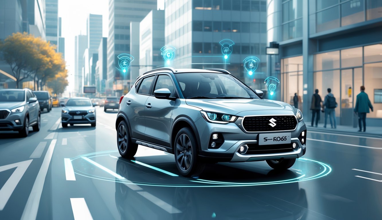 Suzuki S-Cross na gradskoj ulici s prikazom sigurnosnih i pomoćnih sustava vozaču.