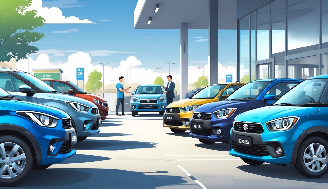 Prikaz prodajnog mjesta s nekoliko Suzuki Ignis automobila i prodavačem koji razgovara s kupcem.