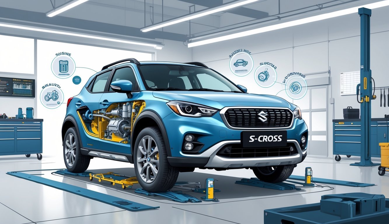 Ilustracija Suzuki S-Cross automobila s prikazom tipičnih kvarova i elemenata servisa u radionici.