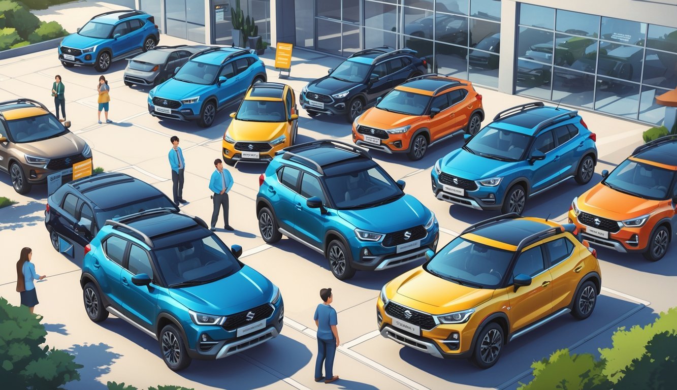 Prikaz nekoliko rabljenih Suzuki S-Cross automobila u suvremenom prodajnom prostoru s ljudima koji pregledavaju vozila i razgovaraju o njima.