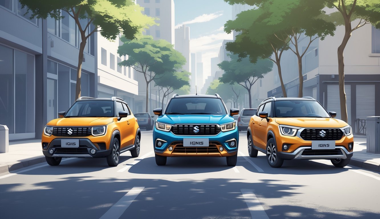 Tri kompaktna SUV vozila parkirana jedan do drugog na ulici u gradu, s naglaskom na Suzuki Ignis u sredini.