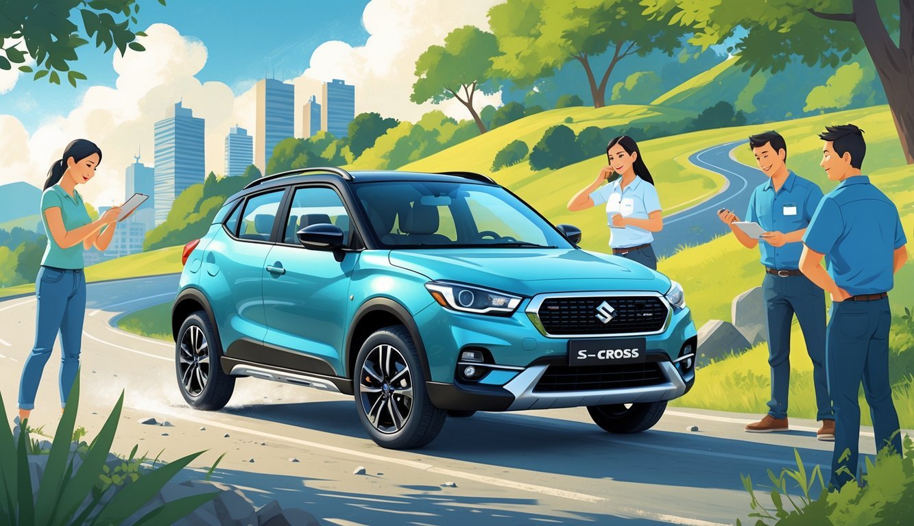 Suzuki S-Cross automobil parkiran u gradskom okruženju s nekoliko ljudi koji ga pregledavaju i voze, prikazujući njihove različite doživljaje s vozilom.